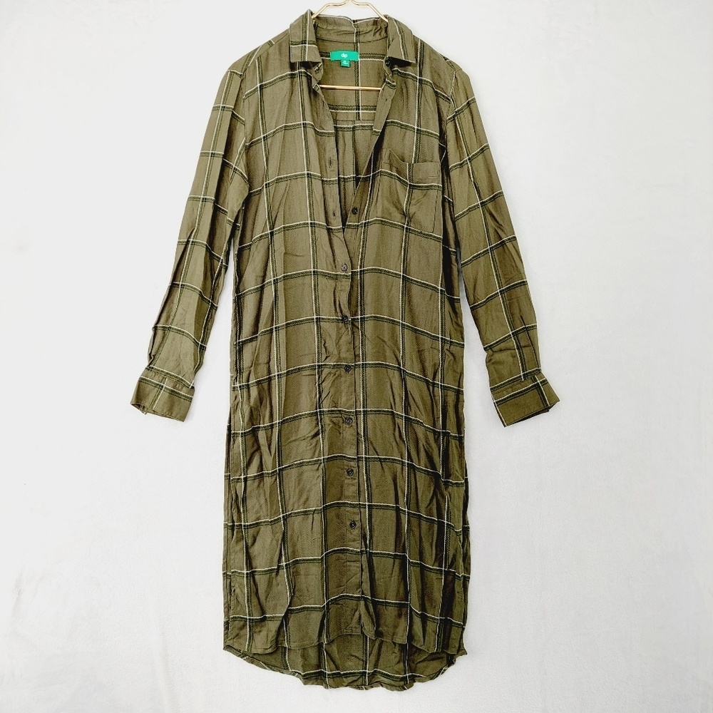 Dip Green Plaid Long Sleeve Tunic Collared Shirt Dress P2018